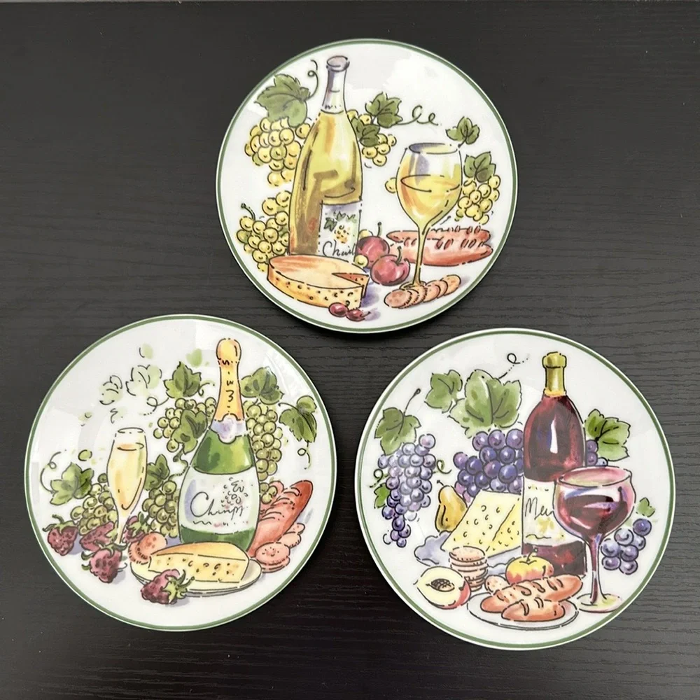 3 Porcelain Vintage Appetizer Wine Plates